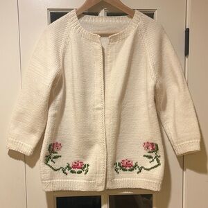 Hand Knit Cream Cardigan with Pink Floral Design